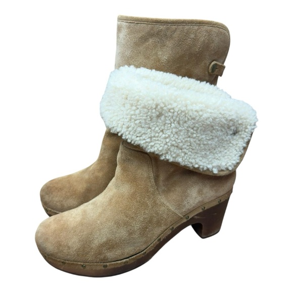 UGG Lynnea 3204  women Sz 10 Brown Mid-Calf Boots Suede Wooden Heels Shearling - Picture 1 of 10
